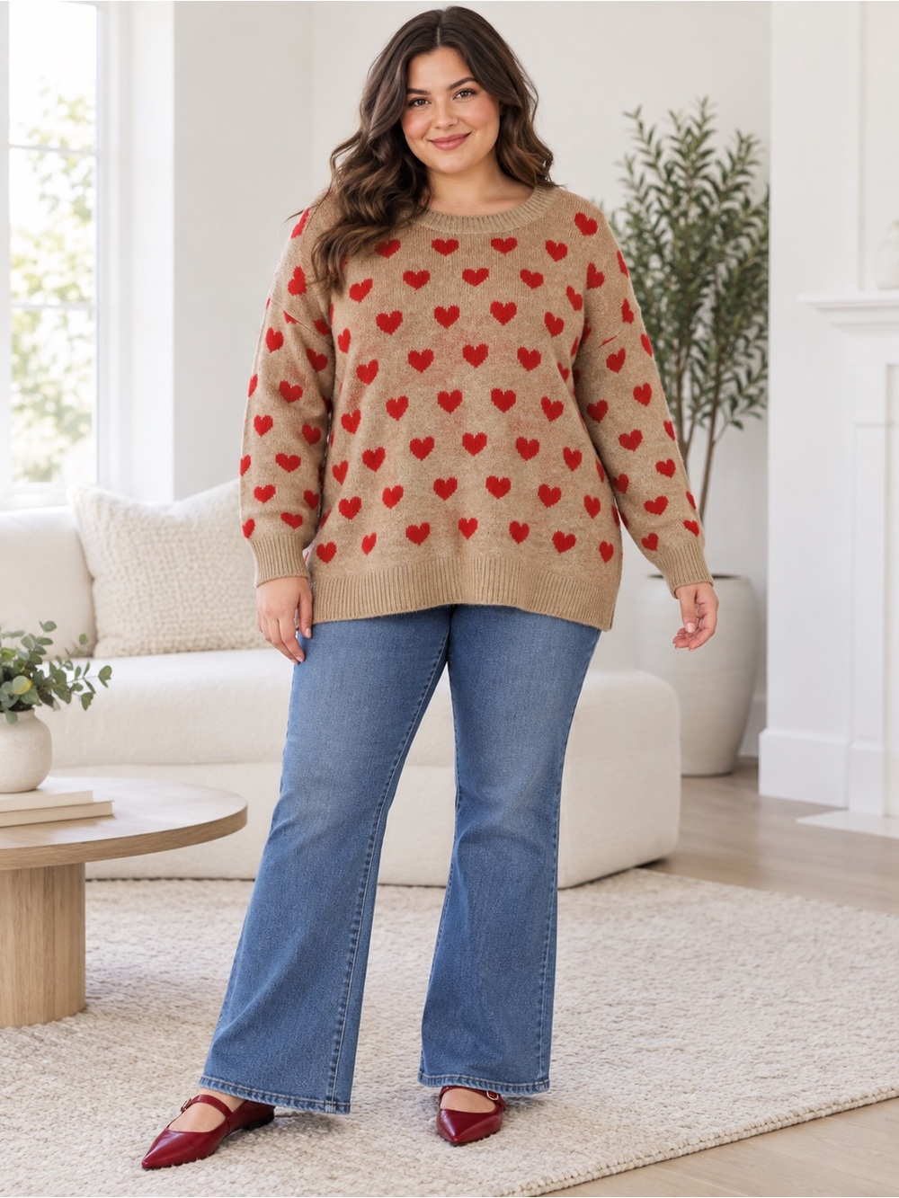 Red Heart Print Sweater Tan Oversized Cozy Valentine’s Day Vince Camuto XXL